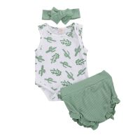 Toddler Baby Girls 3 PCS Outfit Set, Cactus Sleeveless Button Closure Romper, Solid Ruffle Triangle Pants, Bow Hair Band Set  by Hs2023