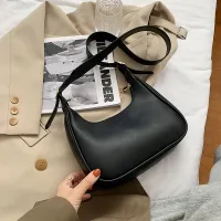 Solid Color Brown PU Leather Half Moon Bags for Women  Branded Luxury Fashion Shoulder Crossbody Handbag Autumn Winter Trend