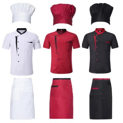 ชุดผ้ากันเปื้อนหมวกแจ็กเก็ตสำหรับทั้งชุดเครื่องแบบพ่อครัวห้องครัวและชายหญิง3ชิ้น/เซ็ตชุดยืนเสื้อแขนสั้นมีปกร้านอาหารเสื้อผ้าทำงาน