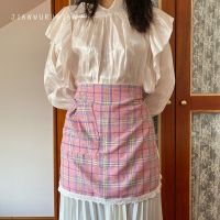 ♣ Original homemade retro contracted ins thorn grid bust cotton apron baked cooking grid lace apron