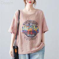 Retro letter printed cotton and linen short-sleeved top womens large size loose round neck all-match casual T-shirt for women V729