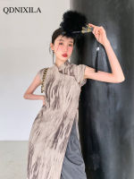 ชุดสำหรับผู้หญิง2023ใหม่จีนสูงส้อม cheongsam ชุดวินเทจยืนขึ้นปกพิมพ์กระโปรงยาวชุดฤดูร้อนของผู้หญิง