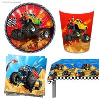 ▫ Monster Truck Birthday Party Supplies Plate Napkin Cup Disposable Tablecloth Boy Monster Trucks Birthday Banner Party Decoration