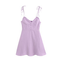 2020 summer women new sexy vacation purple cotton linen V-neck fungus button decoration strap mini dress vestido de honda