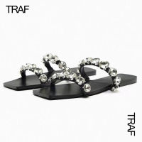 TRAF Rhinestone รองเท้าแบนหญิงรองเท้าแตะแบนสีดำรองเท้าแตะของผู้หญิงฤดูร้อน2023สบายๆตารางนิ้วเท้าผู้หญิงรองเท้าแตะแบน