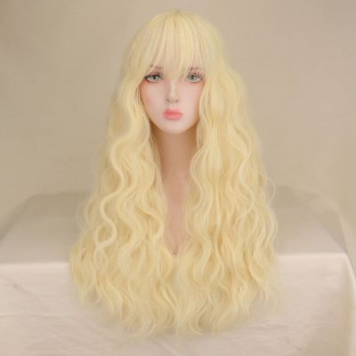 QQXCAIW Long Water Wavy Blonde Wigs with Bangs Women Cosplay Party Daily Natural Heat Resistant Hair Synthetic Wig