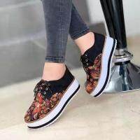 Women Platform Shoes Vintage Floral Printed Patchwork Lace Up Ladies Vulcanized Shoes Wedge Women Shoes Female Comfy Flats