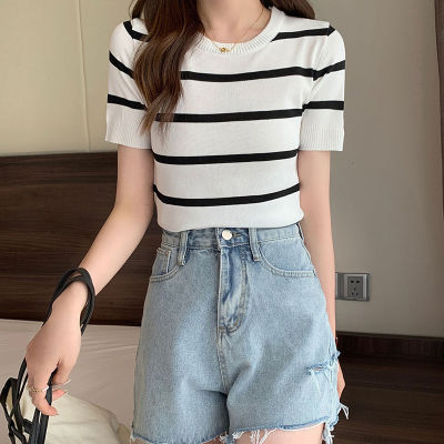 shenghao Women Striped Knit Short T-shirt Fashion Casual Short Sleeve Round Neck Pullovers Tops