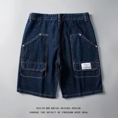 Shorts mens 2022 summer thin denim shorts mens outer wear loose straight trend tooling casual five-point pants