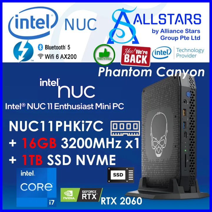 (ALLSTARS : NUC PROMO) Intel Phantom Canyon NUC11PH / NUC11PHK (NUC11PHKi7C + 16GB DDR4 3200MHz + 1TB NVME SSD + UNACTIVATED MS Windows 10 Home) Mini PC (Intel Core i7 1165G7 / RTX 2060 6GB Graphics /