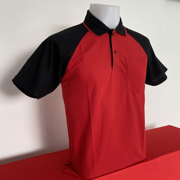 polo-shirt-แบบหญิง-สีแดงแขนดำ-เนื้อผ้านุ่ม-สวมใส่สบาย-แบบชาย-มีกระเป๋า-ส่วนแบบหญิง-เป็นทรงเข้ารูป