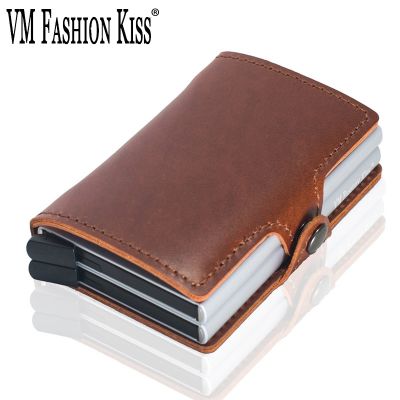 Real Leather RFID Safe Black Men Wallet Cow Leather High Quality Double Aluminum Box Credit Card Wallets Anti Scanning Card Hold