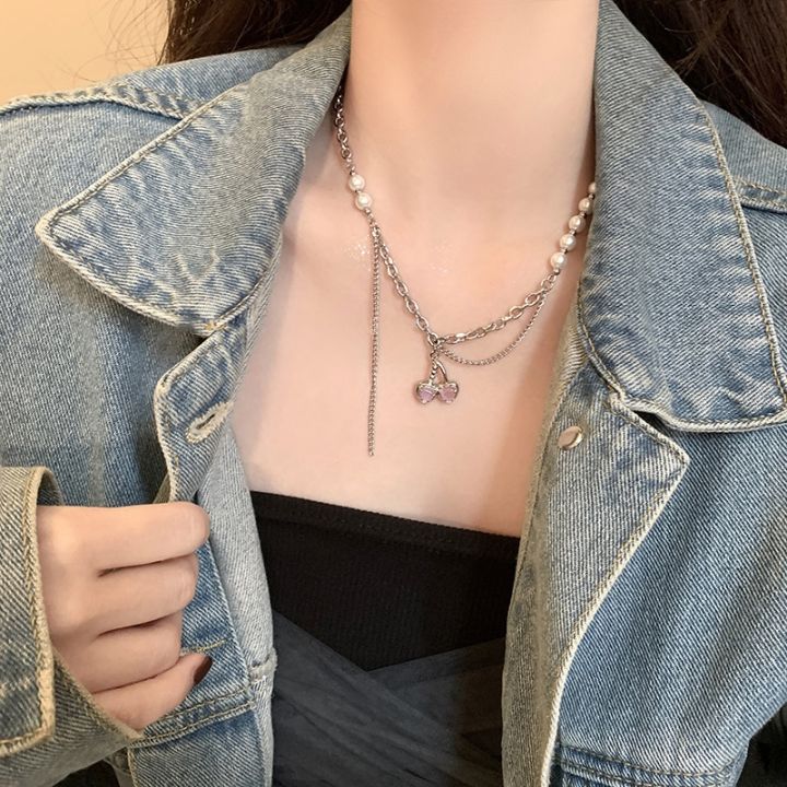 cod-and-cool-hot-girl-cherry-pearl-stitching-necklace-womens-light-luxury-niche-design-accessories-titanium-steel-does-fade-clavicle-chain