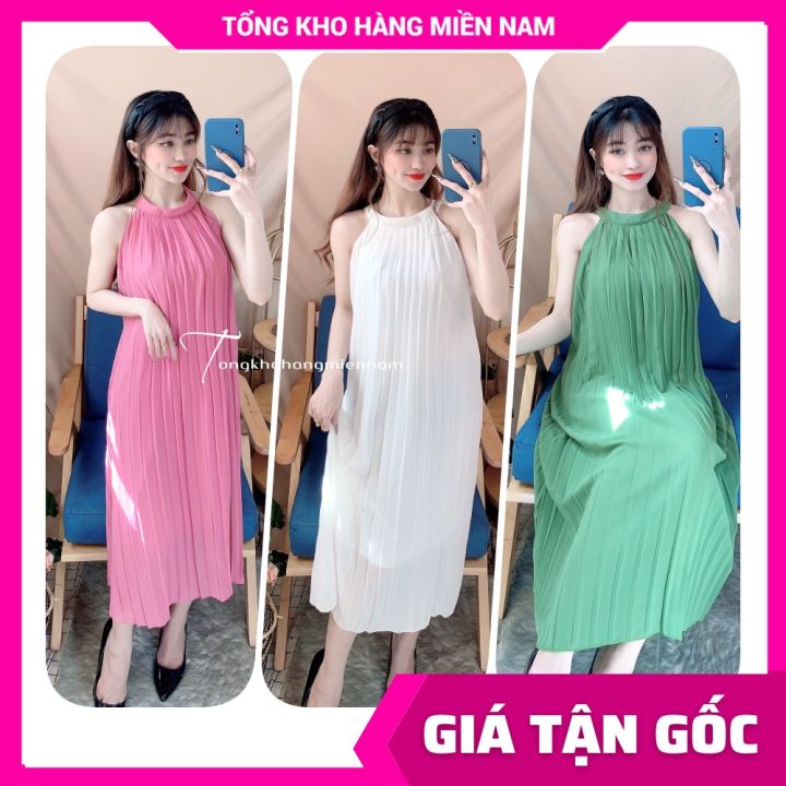 ĐẦM MAXI SUÔNG DÁNG DÀI 2 DÂY TRƠN MÀU DẬP LI CỔ YẾM CHẤT LIỆU VOAN