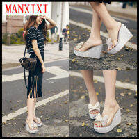 MANXIXI ยี่ห้อเกาหลีรุ่นแฟชั่น Bow-knot Inlay Wedge รองเท้าแตะ 4.72 นิ้วรองเท้าส้นสูงรองเท้าแตะรองเท้าผู้หญิง (34-40 ขนาด)