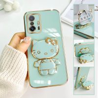 For Xiaomi 11T Pro Mobile Phone Case Fashion Temperament Plating TPU Advanced Rotary Stand Makeup Mirror Hello Kitty Folding Mirror Stand Net Red New Couple Gift Soft Touch Anti slip Anti fall Protective Case