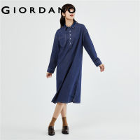 GIORDANO Women Dresses Single Pocket 100% Cotton Denim Shirt Dresses Long Sleeve Half Placket Fashion Casual Dresses 13463664