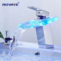 ROVATE ก๊อกน้ำอ่าง LED น้ำตกทองเหลืองอุณหภูมิเปลี่ยนสีก็อกน้ำปรับอุณหภูมิได้การติดตั้งดาดฟ้าก๊อกน้ำแก้วอ่างล้างจาน