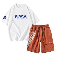 【Hot Sale】 Mens summer suit NASA print short-sleeved t-shirt loose casual sports handsome mens set