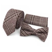 100 Cotton Nice Tie Set Striped Plaid Brown Gray Green Mens Necktie Bow Tie Handkerchief Fashion Classic Accessory Gift Vintage