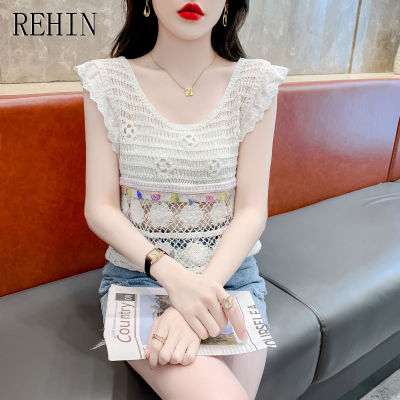 REHIN เสื้อคอกลมถักแขนกุดผู้หญิงการออกแบบที่ไม่เหมือนใครเสื้อบังทรงโครเชต์เสื้อฤดูร้อนสั้น
