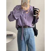 ◐ Taochuan feels good! Design streamer V-neck shirt womens early spring gentle temperament long-sleeved shirt 5337