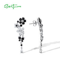 SANTUZZA Genuine 925 Sterling Silver Jewelry Set For Women Black Spinel White CZ Flower Earrings Pendant Set Party Fine Jewelry