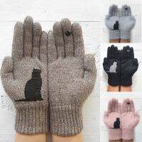 2022 New Winter Warm Cat Cotton Gloves Outdoor Full Finger Knitted Gloves Cute Cat Bird Print Pink Simple Mitten