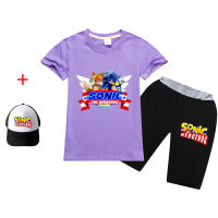 Sonic The Hedgehog เสื้อยืดกางเกงขาสั้นชุดเด็กชายหญิงแขนสั้นอะนิเมะการ์ตูนผ้าฝ้าย Tee เสื้อกางเกงขาสั้นใหม่เด็ก RT1661A หมวก