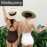 Wellsunny บิกินี่ชิ้นเดียวเซ็กซี่สำหรับผู้หญิงชุดว่ายน้ำสีเดียวเรียบง่ายแบบเกาหลีเปิดหลัง