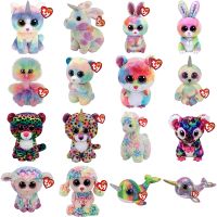 【ของเล่นตุ๊กตา】 15CM Ty Beanie Rainbow Series Big Eyes Kitty Bunny Bear Lamb Unicorn Plush Toy Kawaii Soft Stuffed Animals Doll Children Gifts