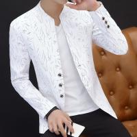 ZZOOI Men Blazer Spring Autumn Vintage Print Korean Style Stand Collar Fake Pockets Buttons Business Blazer Men Slim Coat