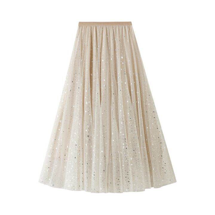 sequined-star-gauze-skirt-womens-fashion-cly-medium-length-skirt