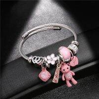 Fashion Bracelets &amp; Bangles Stainless Steel DIY Jewelry Big Pink Bear Pendant Hearts Love Womens Bracelet Cuff Charms Pulseras Charms and Charm Brace