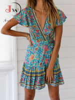 ผู้หญิงฤดูร้อนมินิลำลองแขนสั้นพิมพ์ลายดอกไม้ V คอเซ็กซี่ Boho Beach Dress Robe S ~ 5XL