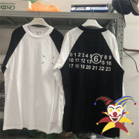 สีดำสีขาวแขน Raglan MM6 Margiela เสื้อยืดผู้ชายผู้หญิงสี่จุดเย็บปักถักร้อยแขนยาวเสื้อยืด Tops Tee