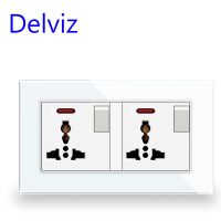 【CW】 Delviz Socket with switch control 146mmx86mm Tempered Glass panelLED indicating lamp Wall Embedded 16A Universal Power Outlet