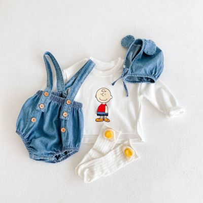 Infants Girl Boy Long-sleeved Cotton Top T-shirt + Denim Suspenders + Hat Three-piece Suit Newborn Bodysuit Baby Clothes Set