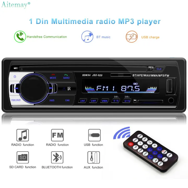 Aitemay Đài Phát Thanh Ô Tô Bluetooth 1 Din Đài Phát Thanh Stereo Xe Hơi Bộ  Thu Đầu Vào FM Aux USB JSD-520 12V Trong Bảng Điều Khiển Máy Phát Đa Phương