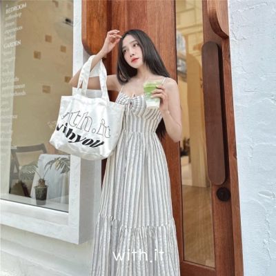 ชุดเดรสผู้หญิง เดรส ชุดเดรส dress เดรสผู้หญิง ชุดเดรสสวยๆหรู with.it.store - DRW0151 linen stripe dress เดรสยาวลินินสายเดี่ยว ลายริ้ว