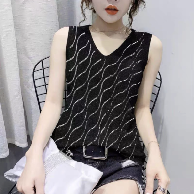 เสื้อกั๊กถักคอวีแขนกุดสำหรับผู้หญิง,เสื้อกล้ามผ้าไอซ์ซิลค์เกลียวคลื่นติดเสื้อลำลองสตรีแข็งแน่นสไตล์เกาหลีใหม่