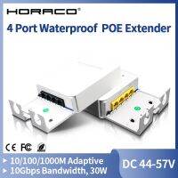 HORACO 4 Port Waterproof POE Repeater 100/1000Mbps Outdoor Network POE Extender IP55 VLAN 44-57V 30W for POE Camera Wierless AP Power Points  Switches