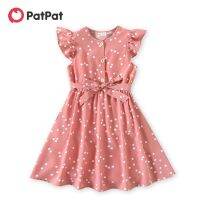 PatPat Kid Girl Dresses Polka Dots Button Design Belted Flutter-sleeve Kids Dress Round Neck Bow Belt Slim Fit A-Line Dress  by Hs2023