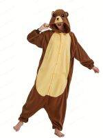 geegostudio Cute Cartoon Bear Hooded Pajama Jumpsuit for Women - Perfect for Halloween and Cozy Nights