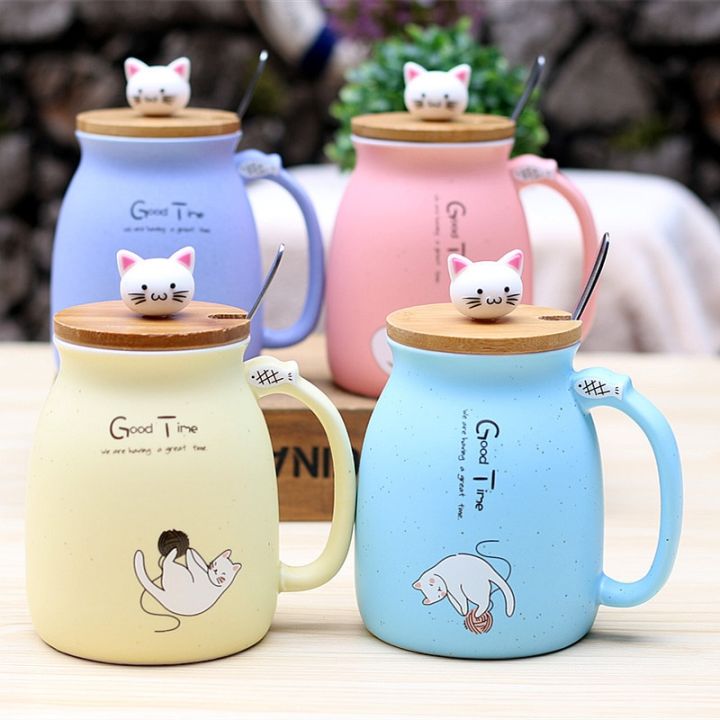 high-end-cups-2019ใหม่สีแมวแก้วทนความร้อนการ์ตูนที่มีฝาปิด450มิลลิลิตรถ้วยลูกแมวกาแฟแก้วเซรามิกเด็กถ้วยสำนักงาน-drinkware-ของขวัญ