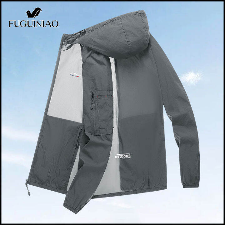 fuguiniao-ชุดกีฬาสำหรับผู้ชาย-เสื้อผ้ากีฬา-upf-50-ป้องกัน-uv-จากแสงแดดเสื้อโค้ทหนังน้ำหนักเบามากเสื้อโค้ตมีฮู้ดแห้งเร็วเสื้อยืดตกปลากันแดด