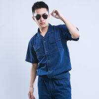 Summer Mens work clothes denim working coverall breathable short sleeve comfortable shirt+pants auto repair uniforms welder suit