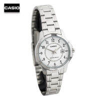 Velashop Casio นาฬิกาข้อมือผู้หญิง สีเงิน/หน้าปัดขาว สายสแตนเลส รุ่น LTP-V004D-7BUDF, LTP-V004D-7B, LTP-V004D