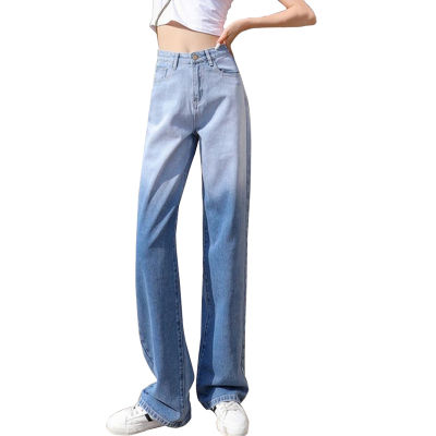 กางเกงยีนส์สีน้ำเงินไล่ระดับสีสำหรับผู้หญิง Y2K กางเกงยีนส์ฮิปฮอปทรงหลวมลำลองกางเกงขายาวลำลองเข้ากับทุกชุด