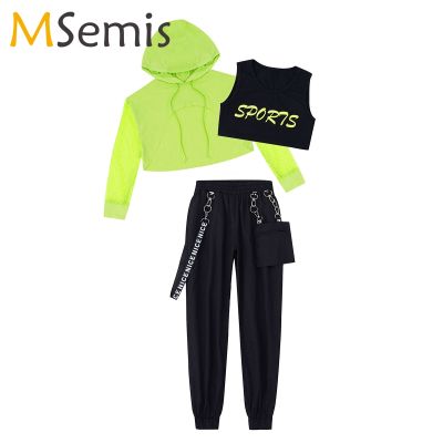 ▪۩ MSemis Jazz Costume Hip Hop Girls Clothing Green Tops Net Sleeve Black Hip Hop Pants For Kids Performance Modern Dancing Clothes